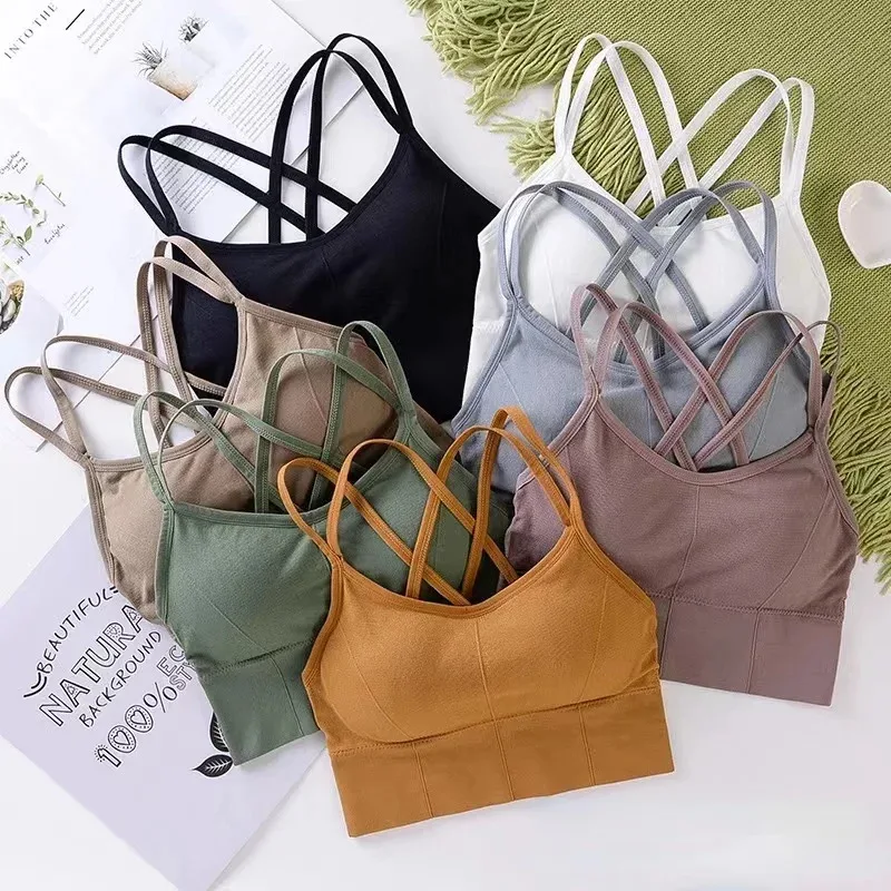 Sexy women Tops back cross strap tank top push up running sports bra breathable soft fitness beauty solid color yoga bra